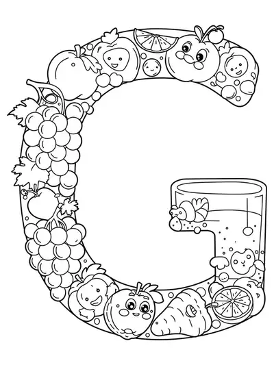 Letter G coloring page with grapes, juice, and other food items.