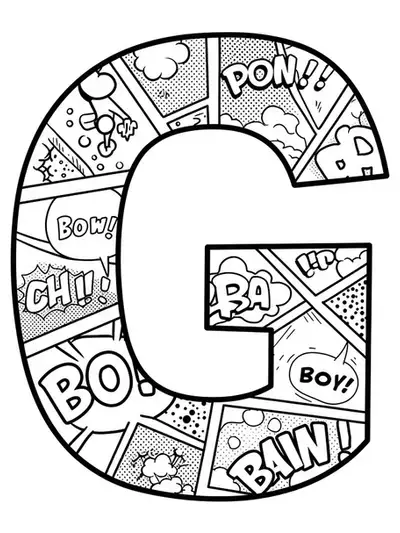 Letter G surrounded by comic book panels, speech bubbles, and comic-style action lines.