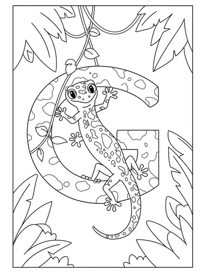 Letter G coloring page with a green gecko on a vine in the jungle.