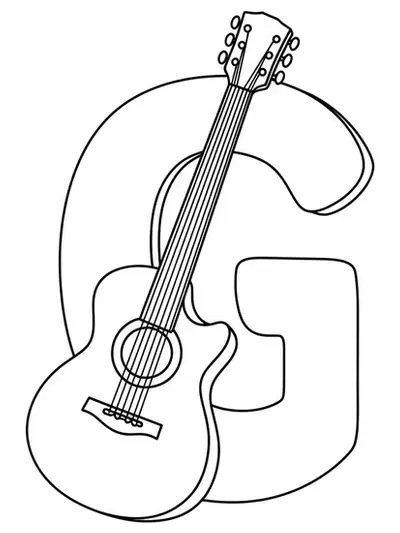 Large letter G with a cartoon-style guitar leaning against it.