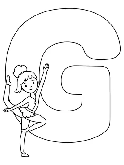Letter G with a cartoon gymnast doing a simple pose beside it.