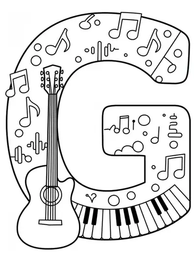 Outline drawing of the letter G with a guitar, musical notes, and sound waves.