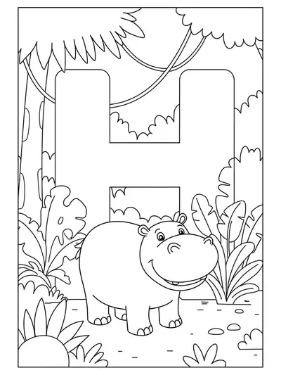 Coloring page of letter H with a happy hippo in a jungle setting for preschoolers.