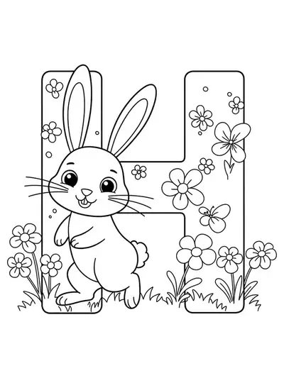 Coloring page of letter H with a hopping bunny and spring flowers for preschoolers.