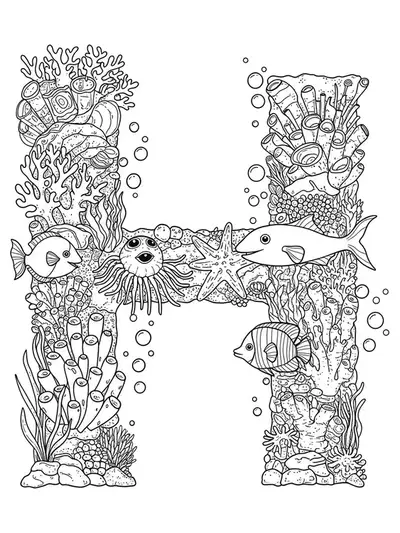 Fantasy underwater world letter H with detailed coral reefs, sea creatures, and bubbles for coloring