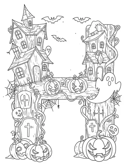 Intricate coloring page with the letter H as part of a haunted house, surrounded by bats, pumpkins, and cobwebs.