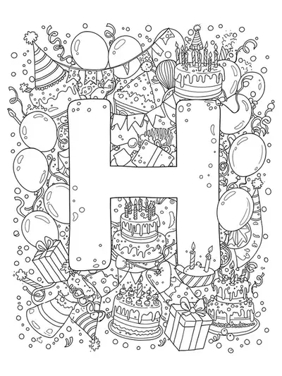 Letter H decorated with intricate birthday motifs like balloons, cakes, candles, and confetti.