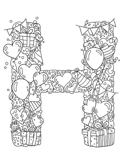 Black and white festive coloring page with the letter H, hearts, balloons, and confetti for preschoolers