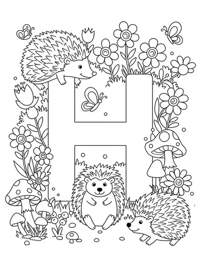 Intricate garden coloring page with the letter H and several happy hedgehogs, flowers, and butterflies for preschoolers