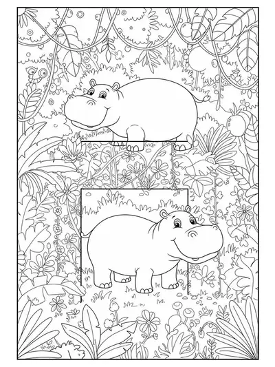 Black and white intricate coloring page of the letter H with multiple hippos playing in a detailed jungle setting for preschoolers