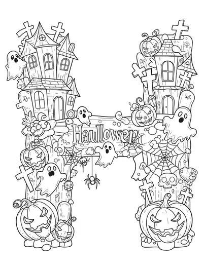 Detailed black and white coloring page of the letter H designed as a haunted house with Halloween decorations for preschoolers