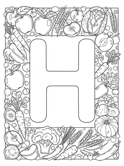 Detailed coloring page with the letter H surrounded by apples, carrots, broccoli, and grains.