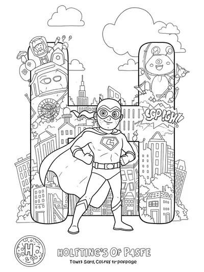 Intricate superhero-themed coloring page with the letter H, superhero character, cape, and city background for preschoolers