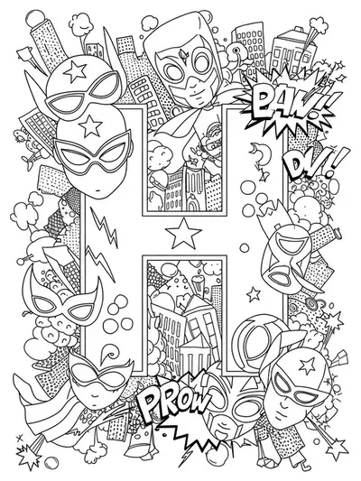 Coloring page with the letter H, superhero masks, capes, comic bursts, and buildings in complex patterns.