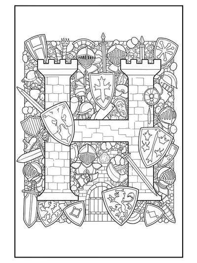 Coloring page with the letter H, surrounded by detailed castles, shields, helmets, and knight armor.