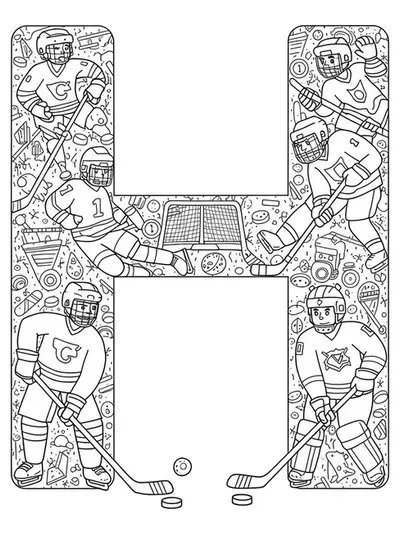 Black and white detailed coloring page of the letter H with hockey players, sticks, and pucks for preschoolers