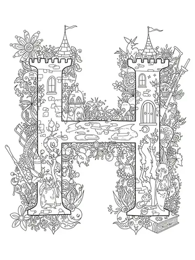 Intricate fantasy coloring page with the letter H, castles, spell books, wands, and magical animals.