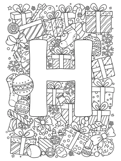 Intricate Christmas-themed coloring page with the letter H surrounded by detailed gift boxes, bows, and holiday motifs for preschoolers