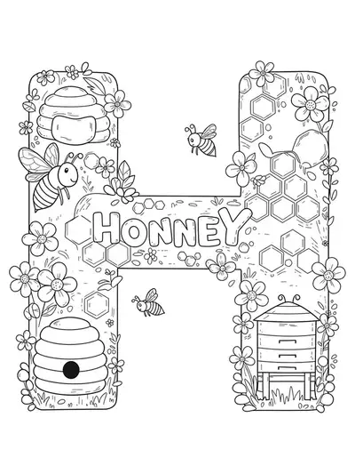 Black and white coloring page of the letter H surrounded by detailed honey bee hive, bees, and flowers for preschoolers