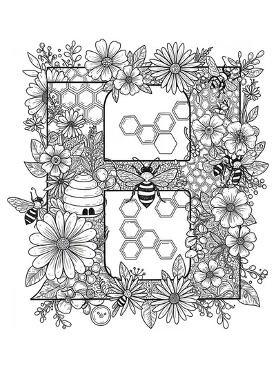 Coloring page showing the letter H with honeycombs, bees, and flowers in complex patterns.