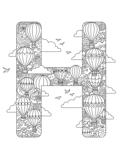 Detailed black and white coloring page of the letter H with hot air balloons and sky elements for preschoolers
