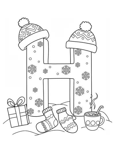 Coloring page of letter H with snowflakes, winter hat, mittens, and hot cocoa for preschoolers.