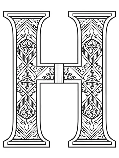 Letter H surrounded by detailed Art Deco geometric patterns and elegant motifs for adult coloring.