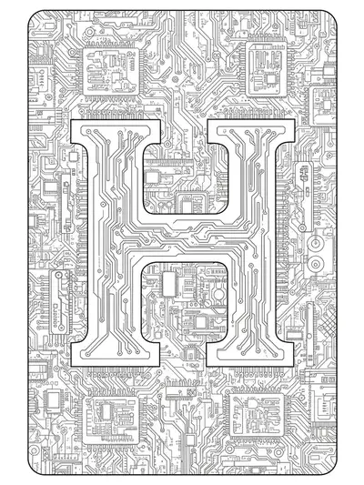Intricate letter H filled with complex circuit board and technology patterns, challenging adult coloring page.
