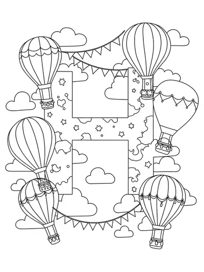 Letter H with hot air balloons, clouds, and banners, medium complexity for adult coloring.