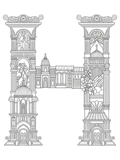 Letter H embedded in a collage of intricate world architectural elements and ornate structures.