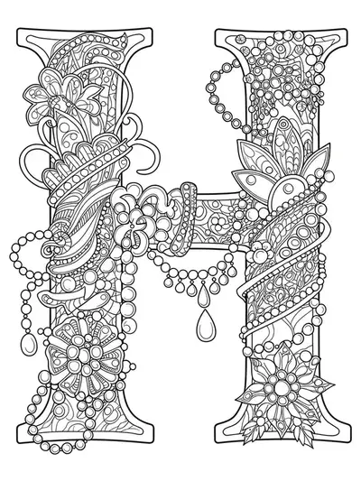 Letter H adorned with intricate jewelry settings, gemstones, and ornamental patterns for adult coloring.
