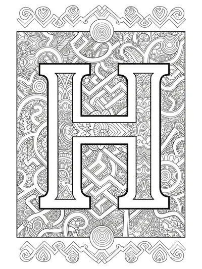 Letter H surrounded by intricate optical illusion patterns and maze-like geometric shapes for adults.
