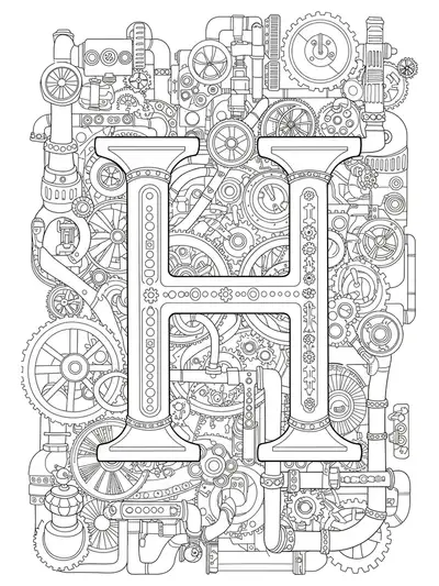 Letter H surrounded by intricate steampunk gears, pipes, and vintage machinery for adult coloring.