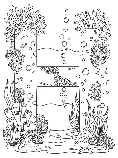 Underwater-themed letter H with coral, seaweed, and bubbles for adult coloring.