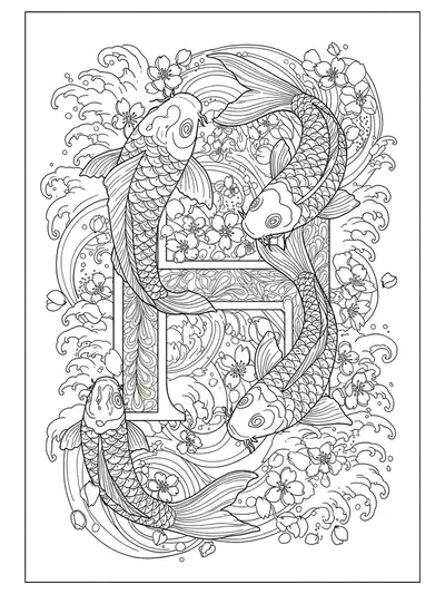 Detailed Japanese-style letter H with koi fish, swirling waves, and cherry blossoms for coloring