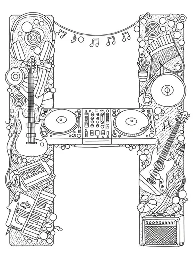Intricate music festival-themed letter H with detailed instruments, notes, and DJ elements