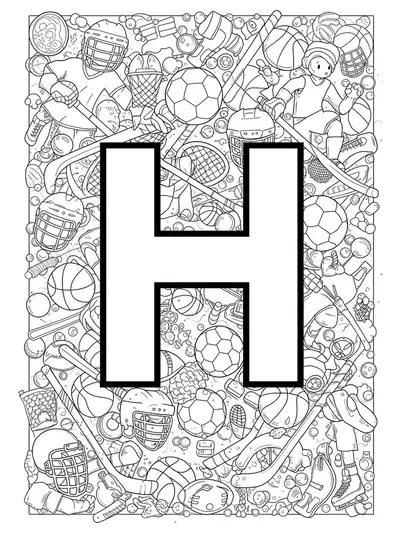 Hard coloring page with the letter H amid sports items: helmets, hockey sticks, basketballs, and athletes.