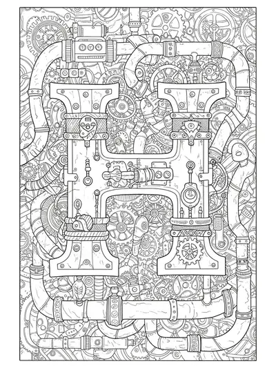 Highly detailed steampunk letter H with gears, pipes, and intricate machinery for coloring