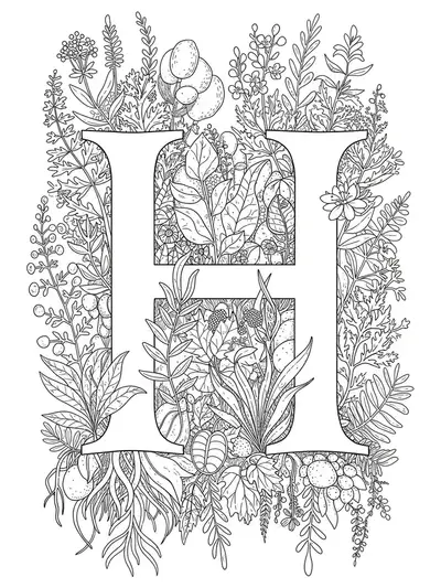 Letter H surrounded by intricate and detailed botanical herbs, flowers, and leaves for adult coloring.