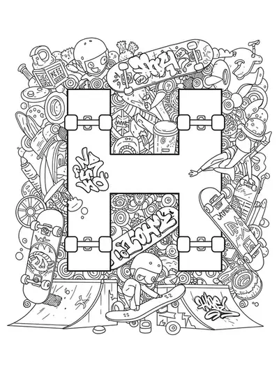 Skatepark-themed letter H with detailed skateboards, ramps, graffiti, and action lines for coloring