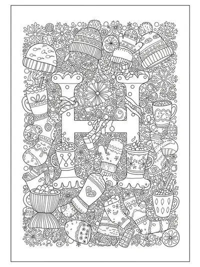 Detailed coloring page featuring the letter H surrounded by snowflakes, hats, and cups of hot cocoa.