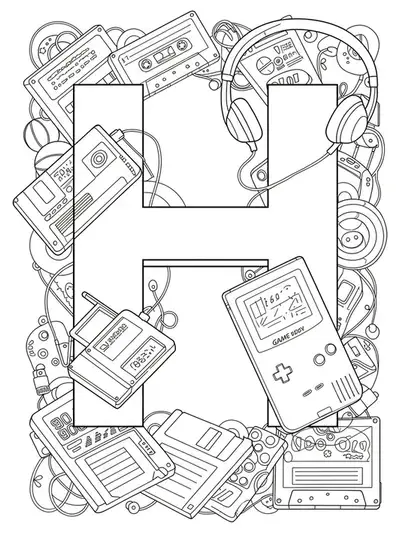 Letter H with 90s technology gadgets like cassette tapes, floppy disks, and headphones in medium-complexity line art