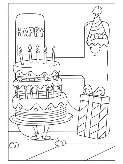 large letter H with a birthday cake and candles beside it, simple outlines for preschool