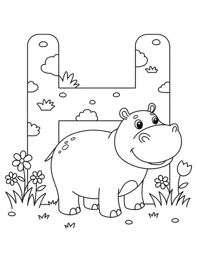 Easy coloring page of the letter H with a smiling hippo and some grass and flowers.