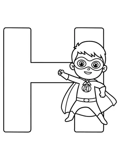 Letter H with a kid superhero character wearing a cape and mask.