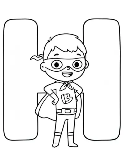 large letter H with a child dressed as a superhero, easy coloring for preschoolers