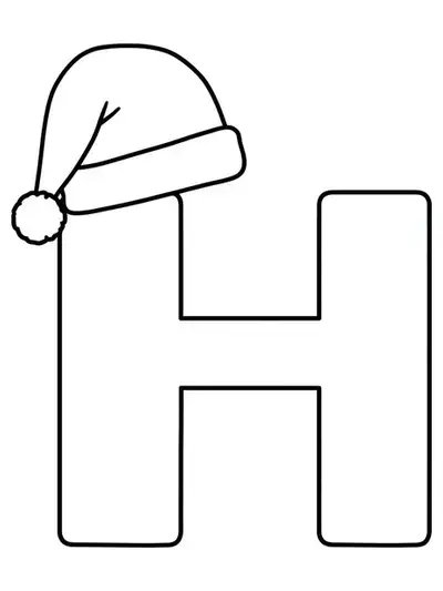 large letter H wearing a Santa hat, simple outlines for preschool coloring