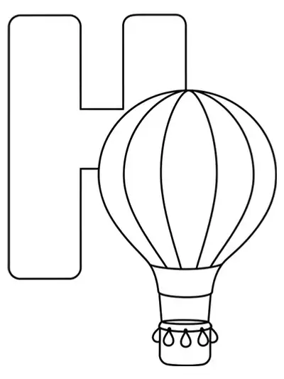 large letter H with a big hot air balloon floating next to it, easy coloring for preschool