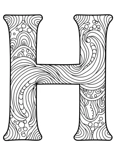 Letter H with flowing abstract wave motifs around and inside, designed for easy adult coloring.