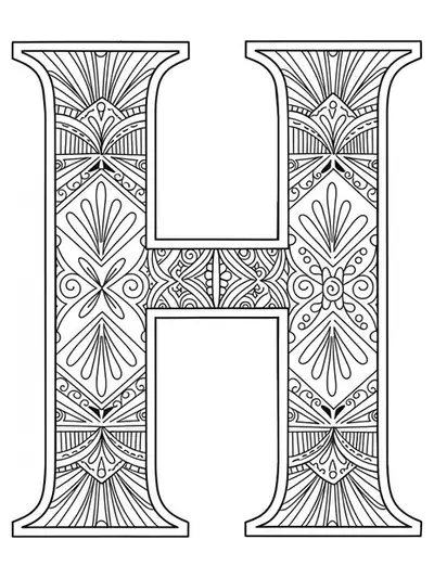 Art Deco styled letter H with geometric and ornate patterns for adult coloring.